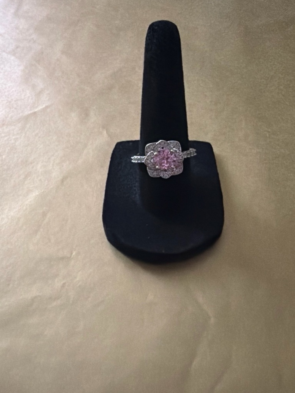Pink Floral Halo Ring in Silver Tone - Women Jewelry